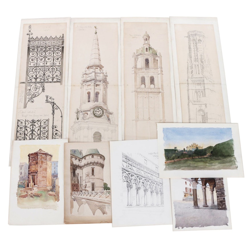 Watercolor and Graphite Sketches of European Architecture Attributed to Maurice Feather