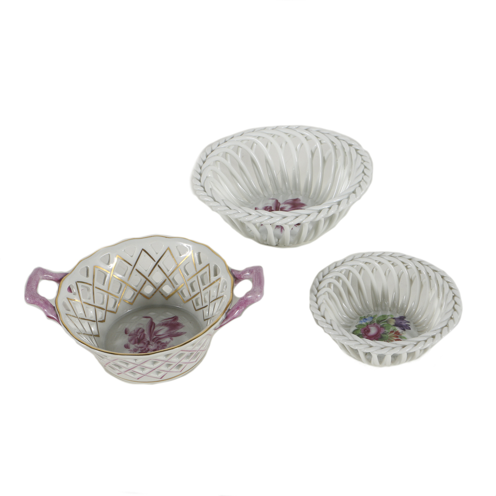 Three Herend Porcelain Open Weave and Lattice Bowls