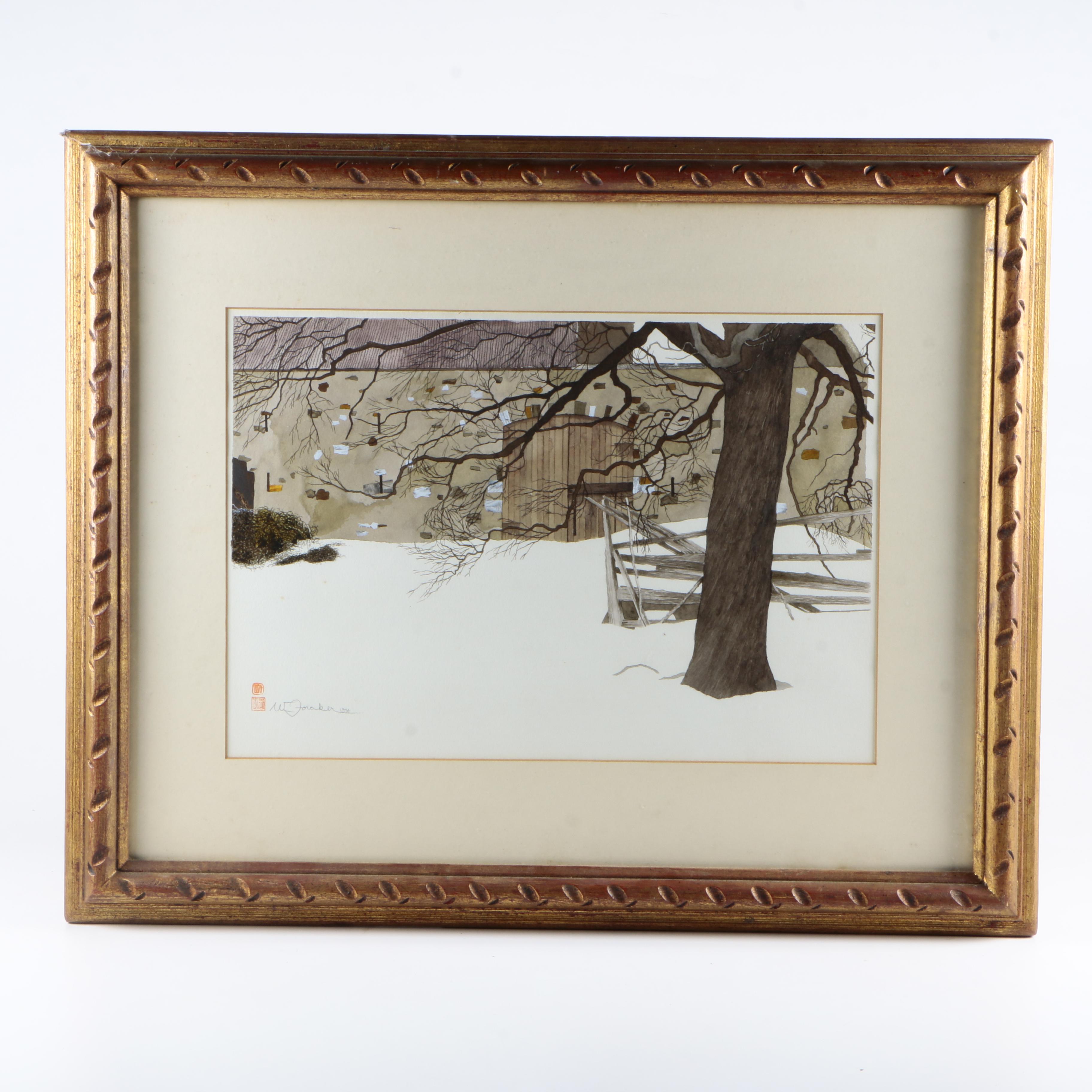 Watercolor and Gouache Painting on Paper of Snow Scene