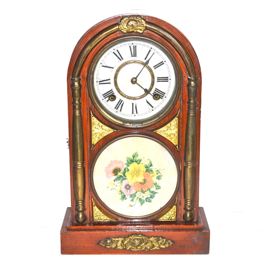Antique Mantel Clock with Reverse Bouquet Painting