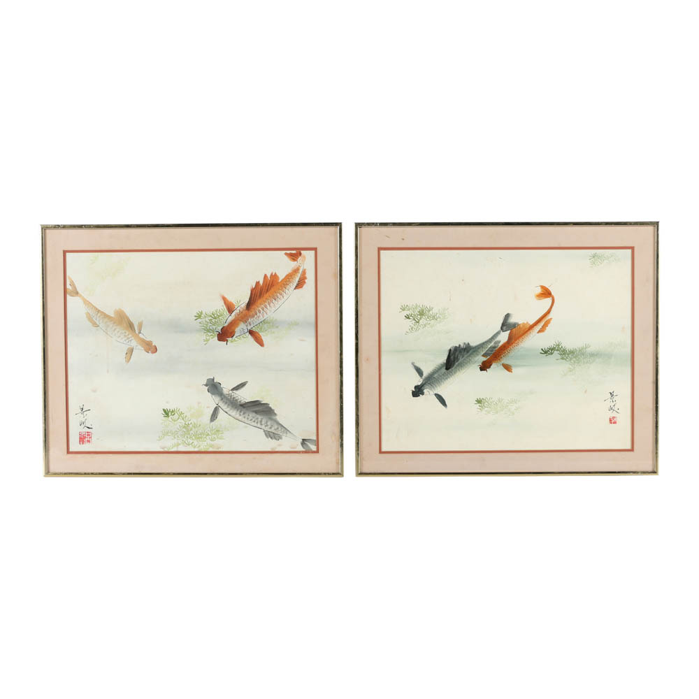 East Asian Style Watercolor Paintings of Koi Fish