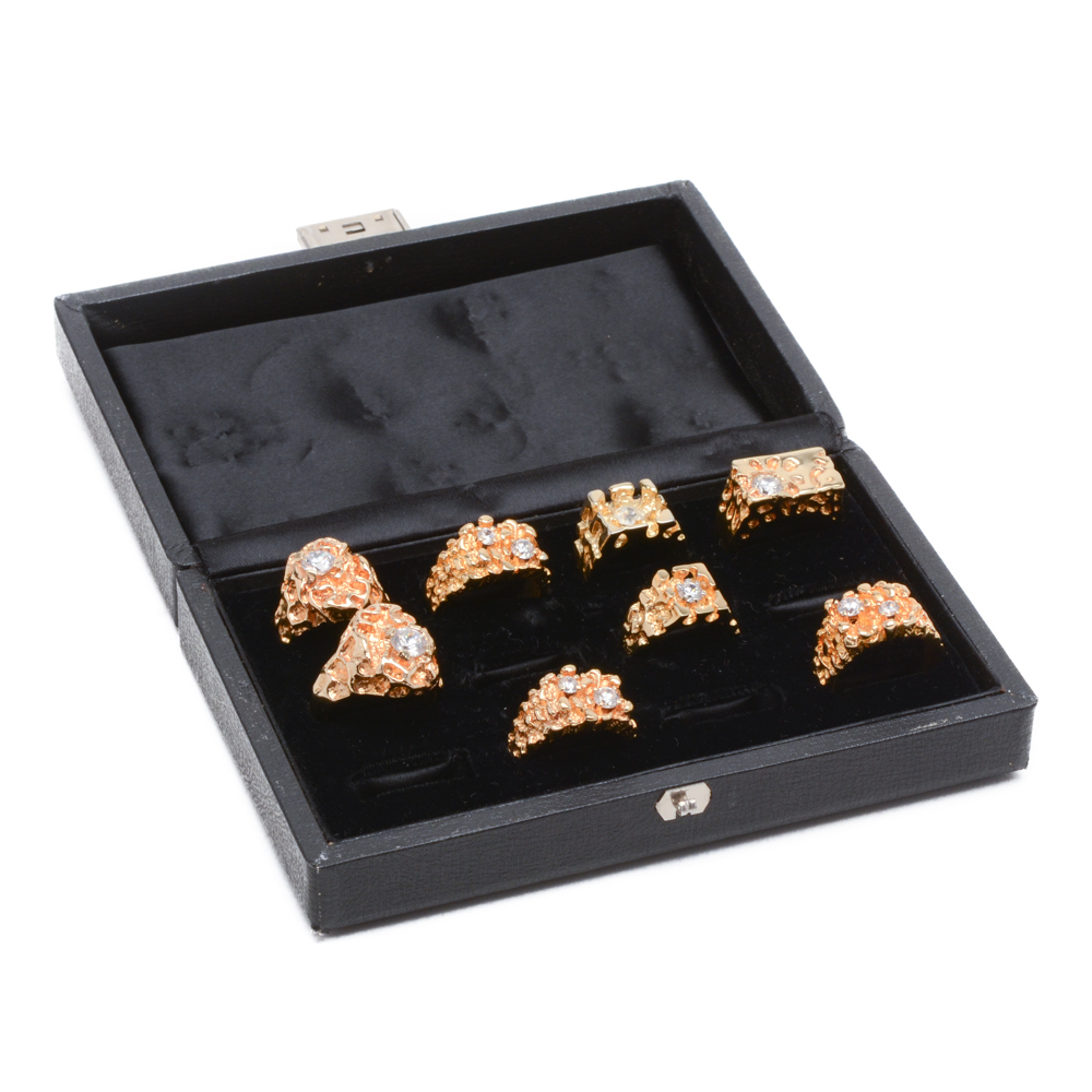 Eight Gold Nugget Style Costume Rings with Crystal Accents