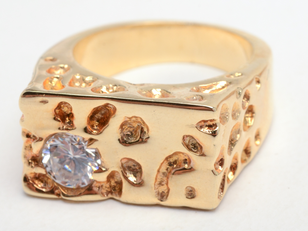 Eight Gold Nugget Style Costume Rings with Crystal Accents