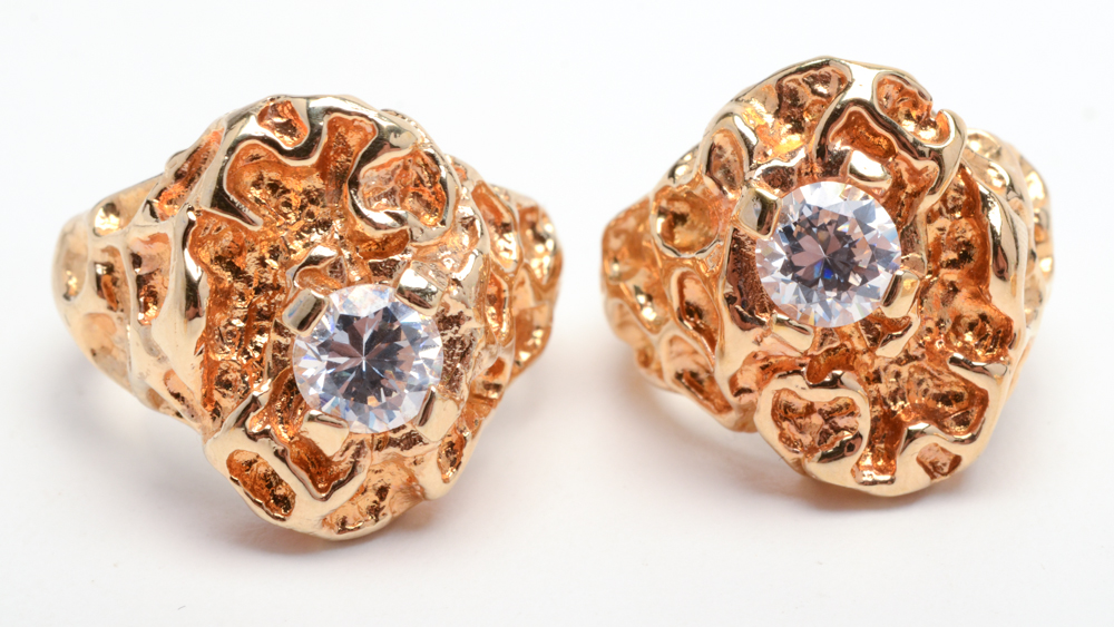 Eight Gold Nugget Style Costume Rings with Crystal Accents