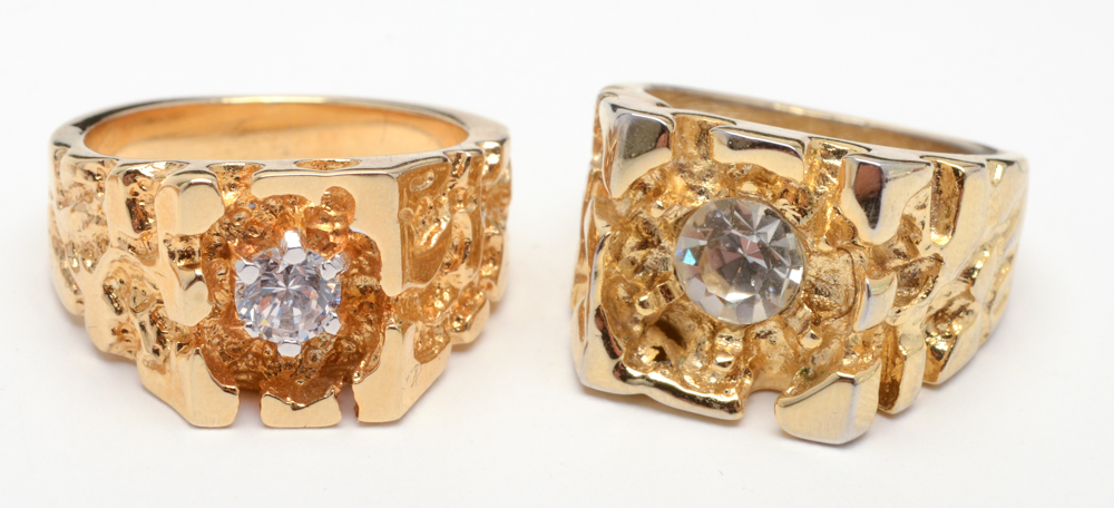 Eight Gold Nugget Style Costume Rings with Crystal Accents