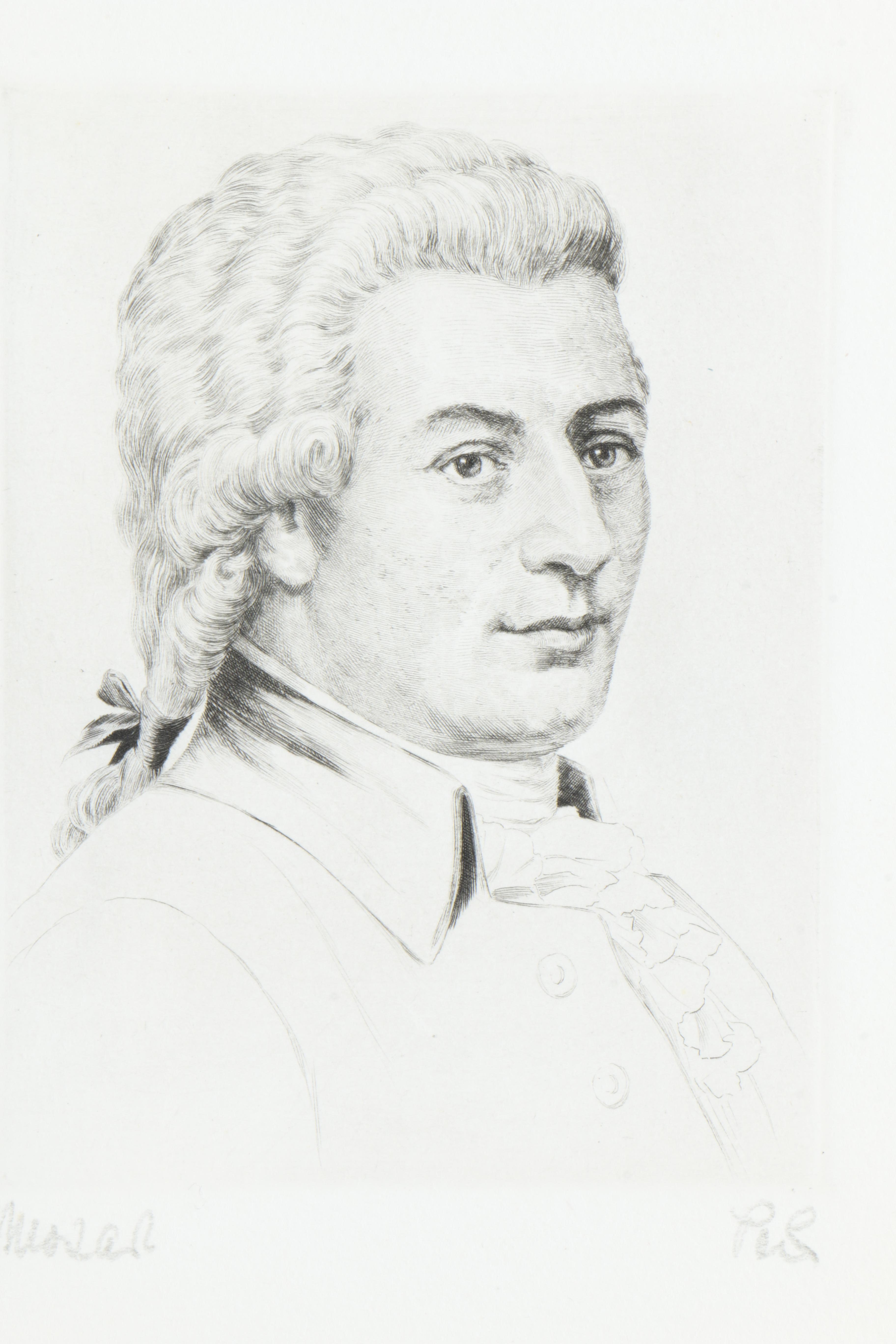 Wilhelm Pech Etchings "Brahms", "Chopin", "Beethoven", and "Mozart"