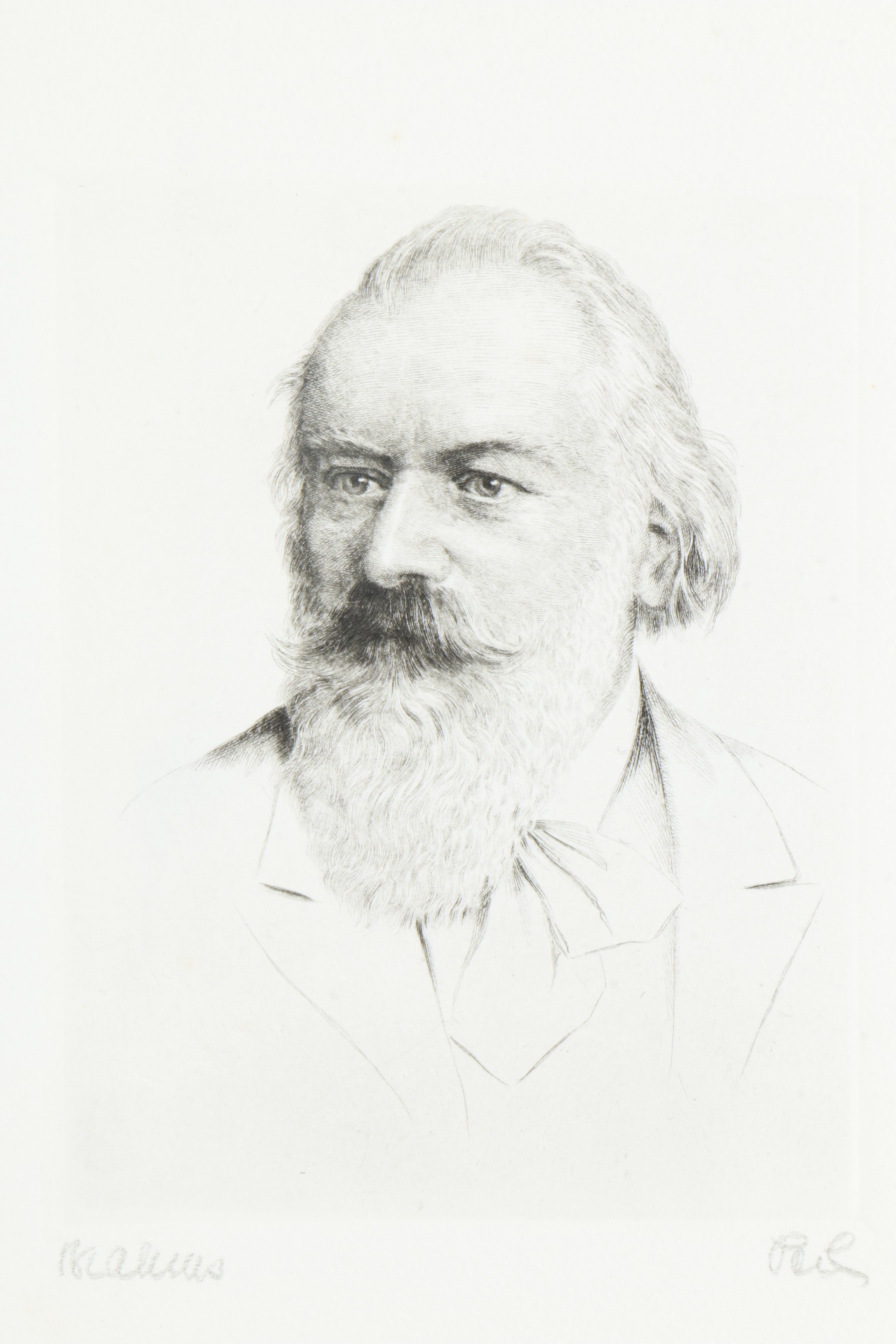 Wilhelm Pech Etchings "Brahms", "Chopin", "Beethoven", and "Mozart"
