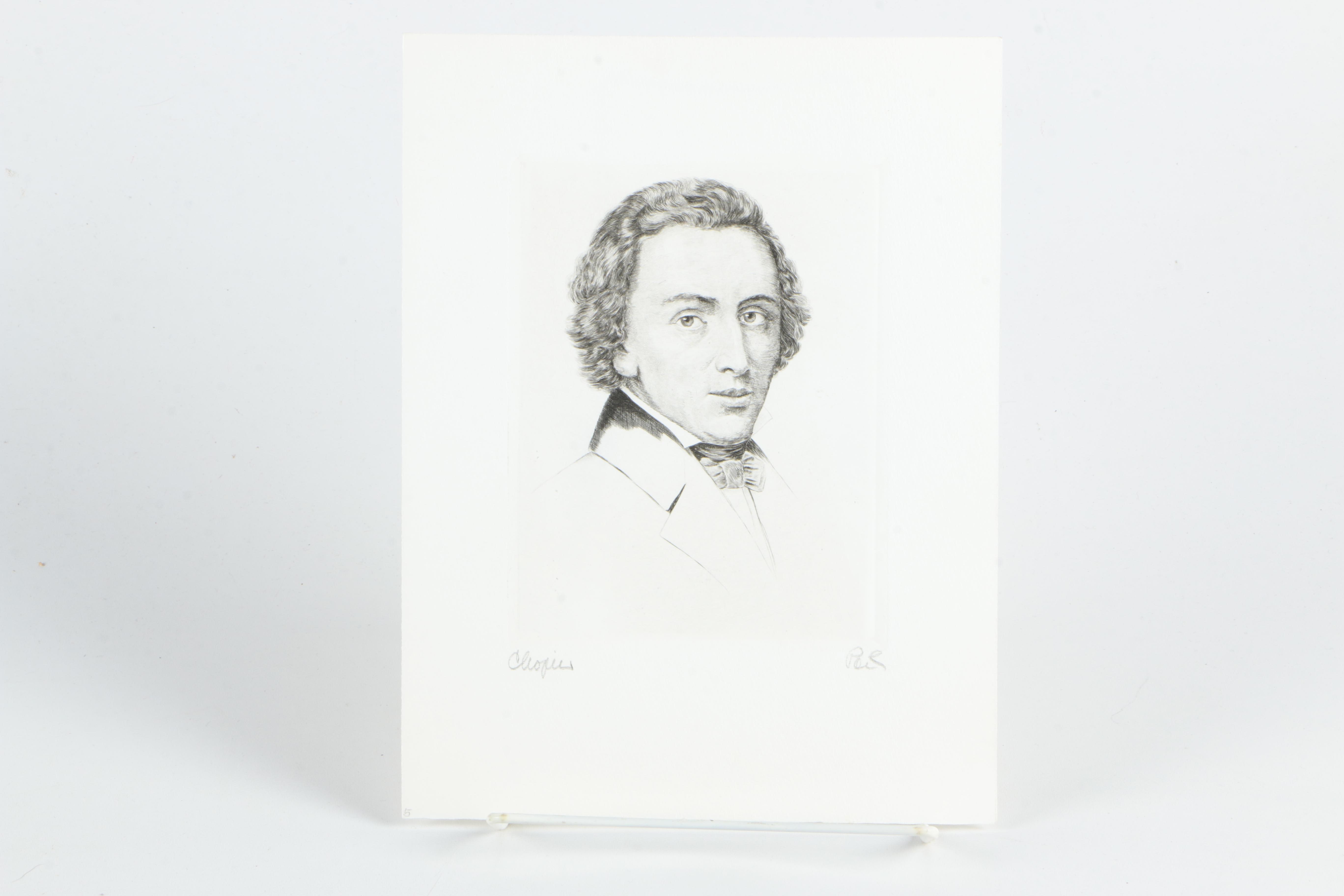 Wilhelm Pech Etchings "Brahms", "Chopin", "Beethoven", and "Mozart"