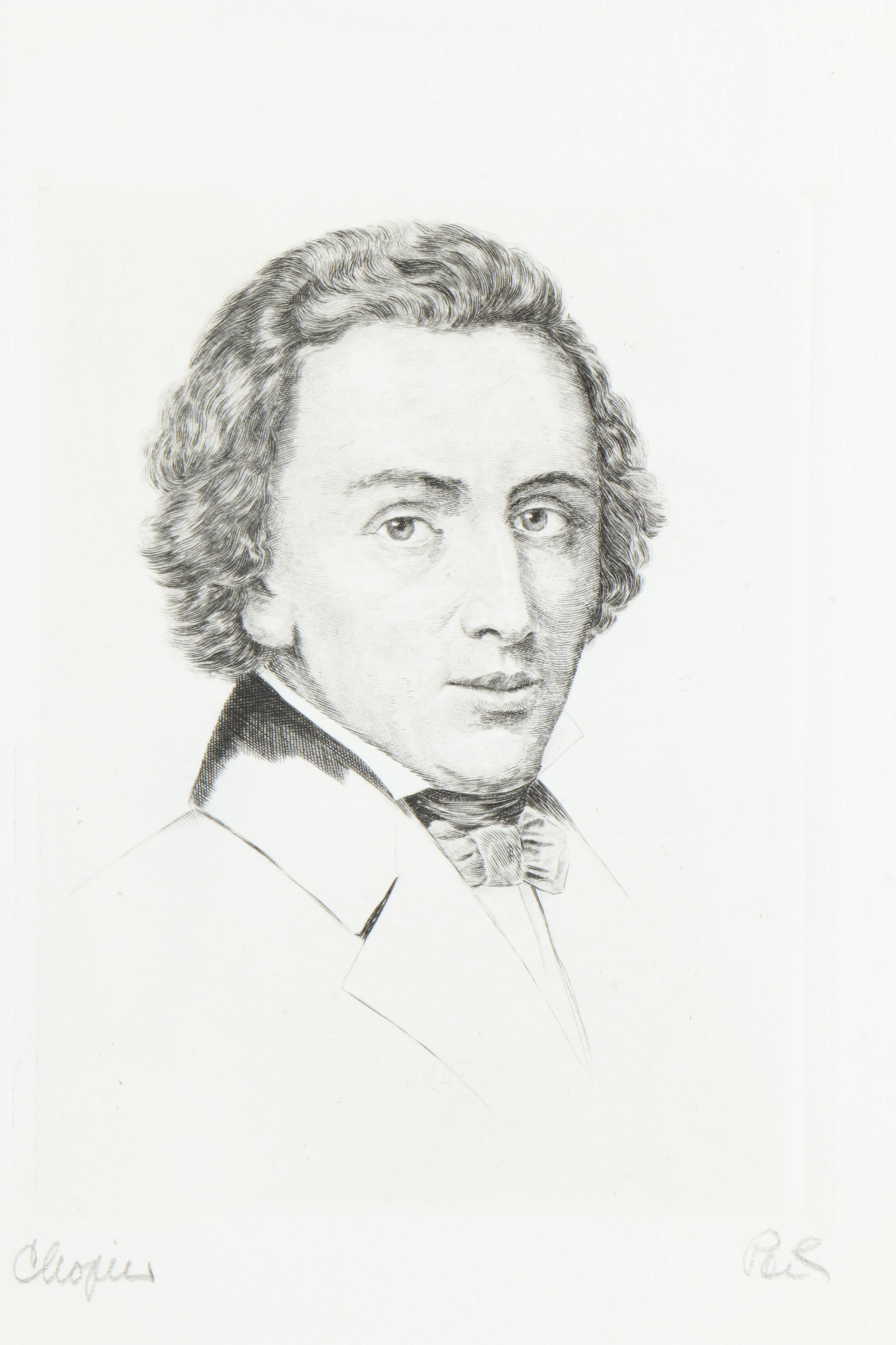 Wilhelm Pech Etchings "Brahms", "Chopin", "Beethoven", and "Mozart"