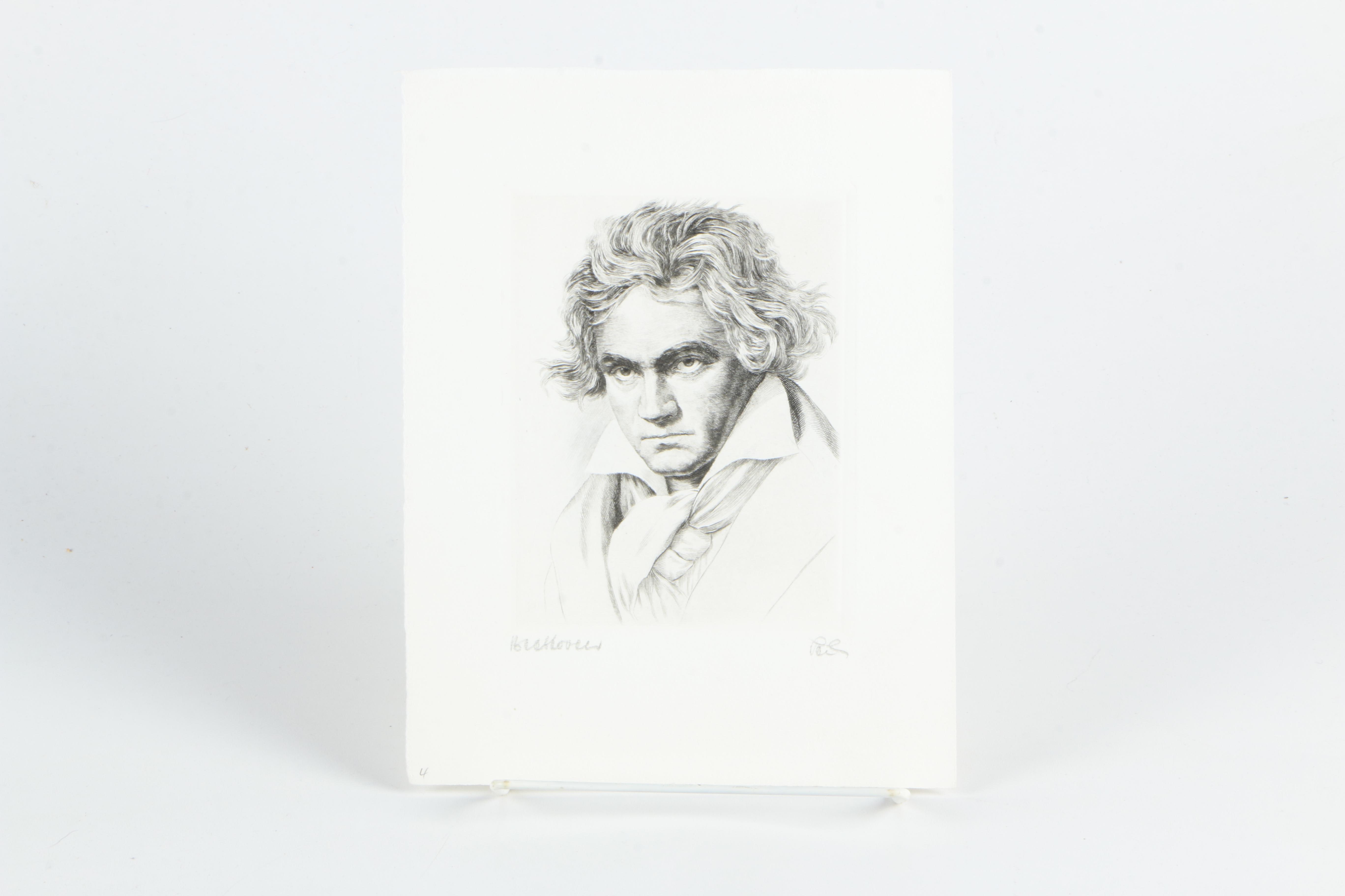 Wilhelm Pech Etchings "Brahms", "Chopin", "Beethoven", and "Mozart"