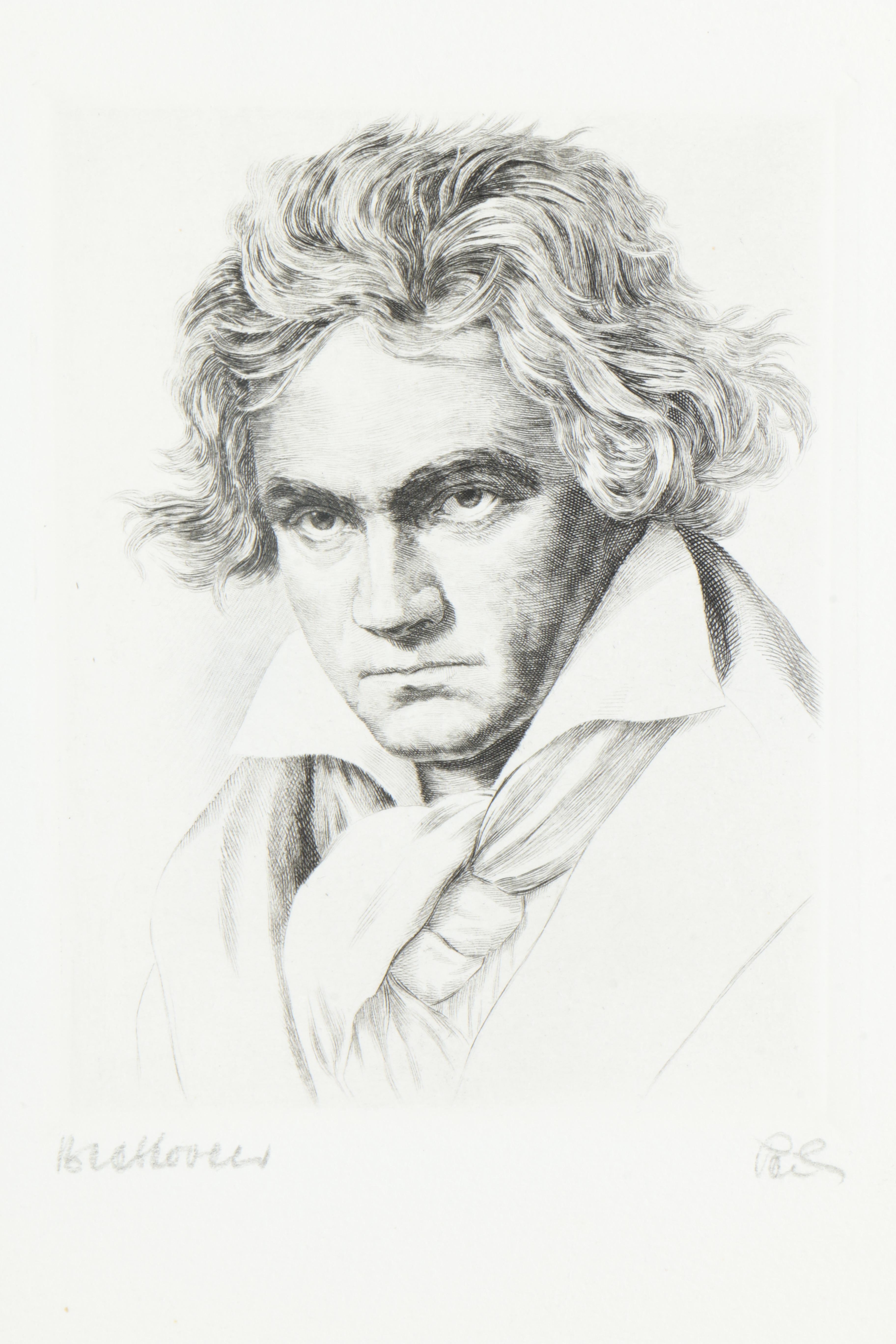 Wilhelm Pech Etchings "Brahms", "Chopin", "Beethoven", and "Mozart"