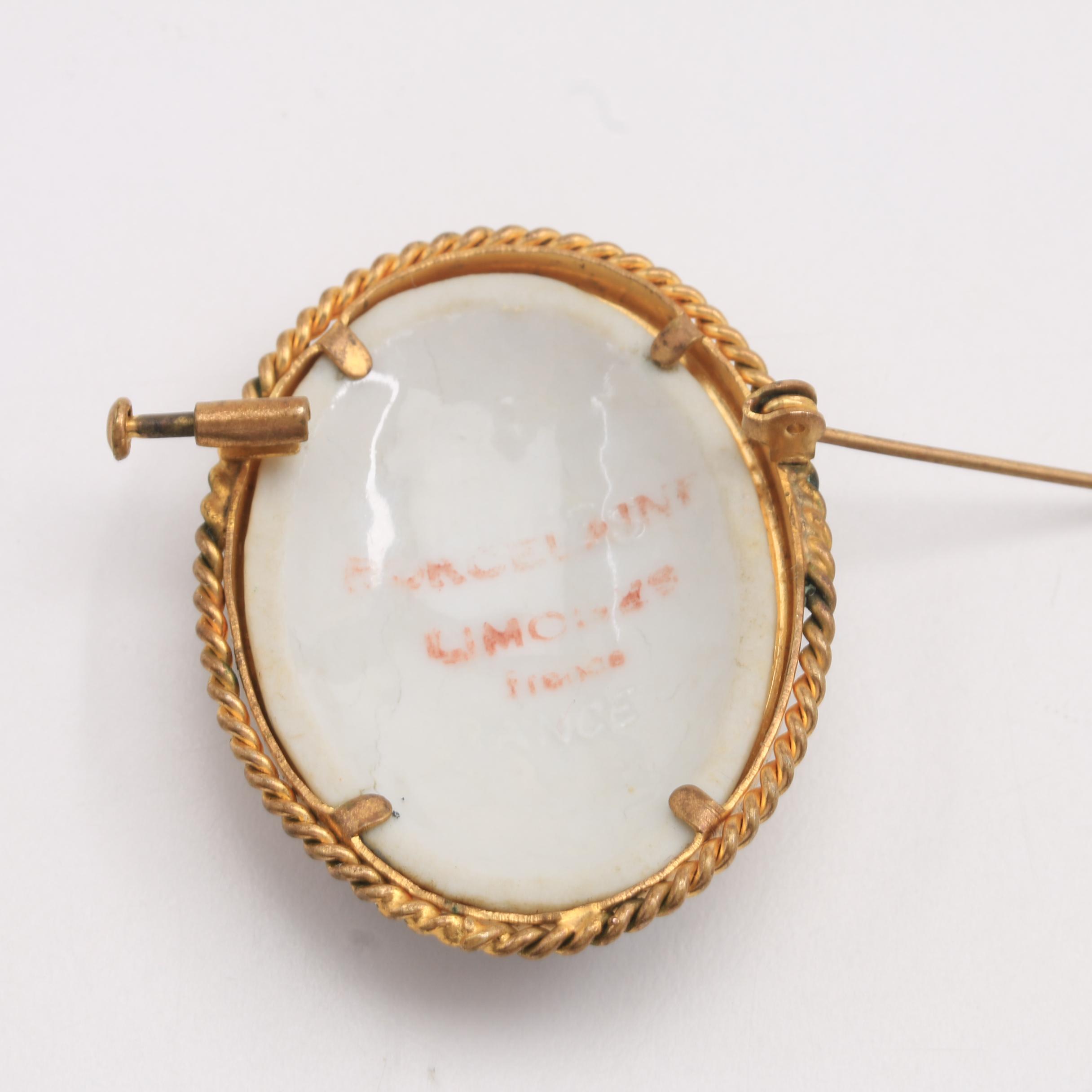 14K Yellow Gold Plated Porcelain Brooch