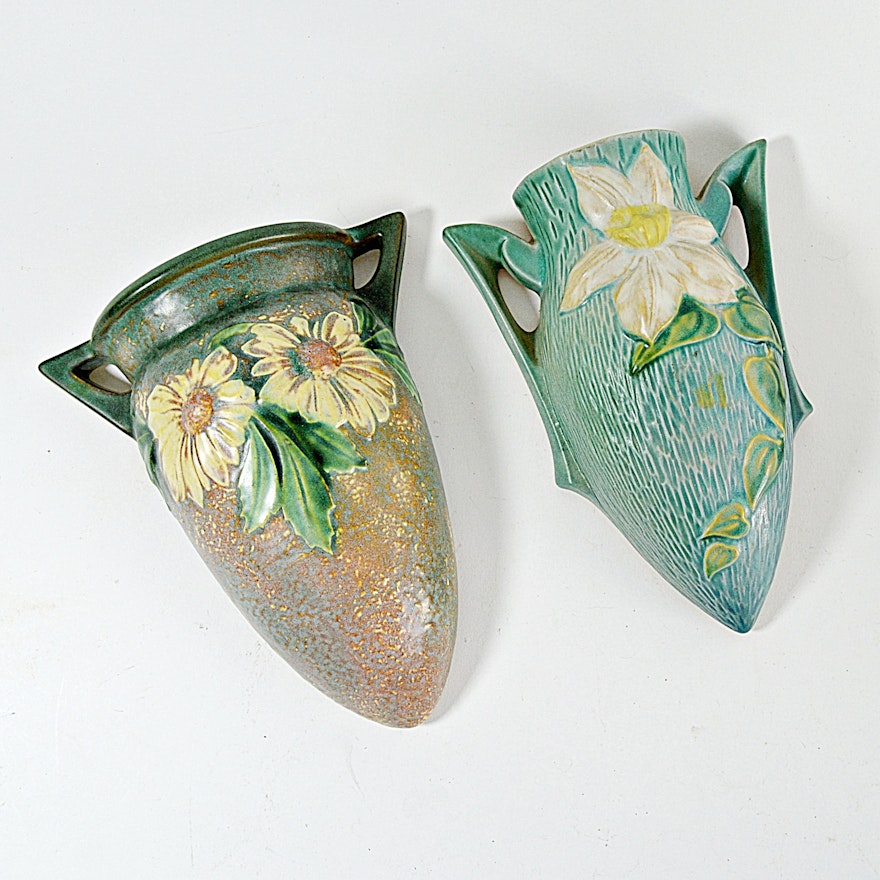 Vintage Roseville Pottery "Dahlrose" and "Clematis" Wall Pockets