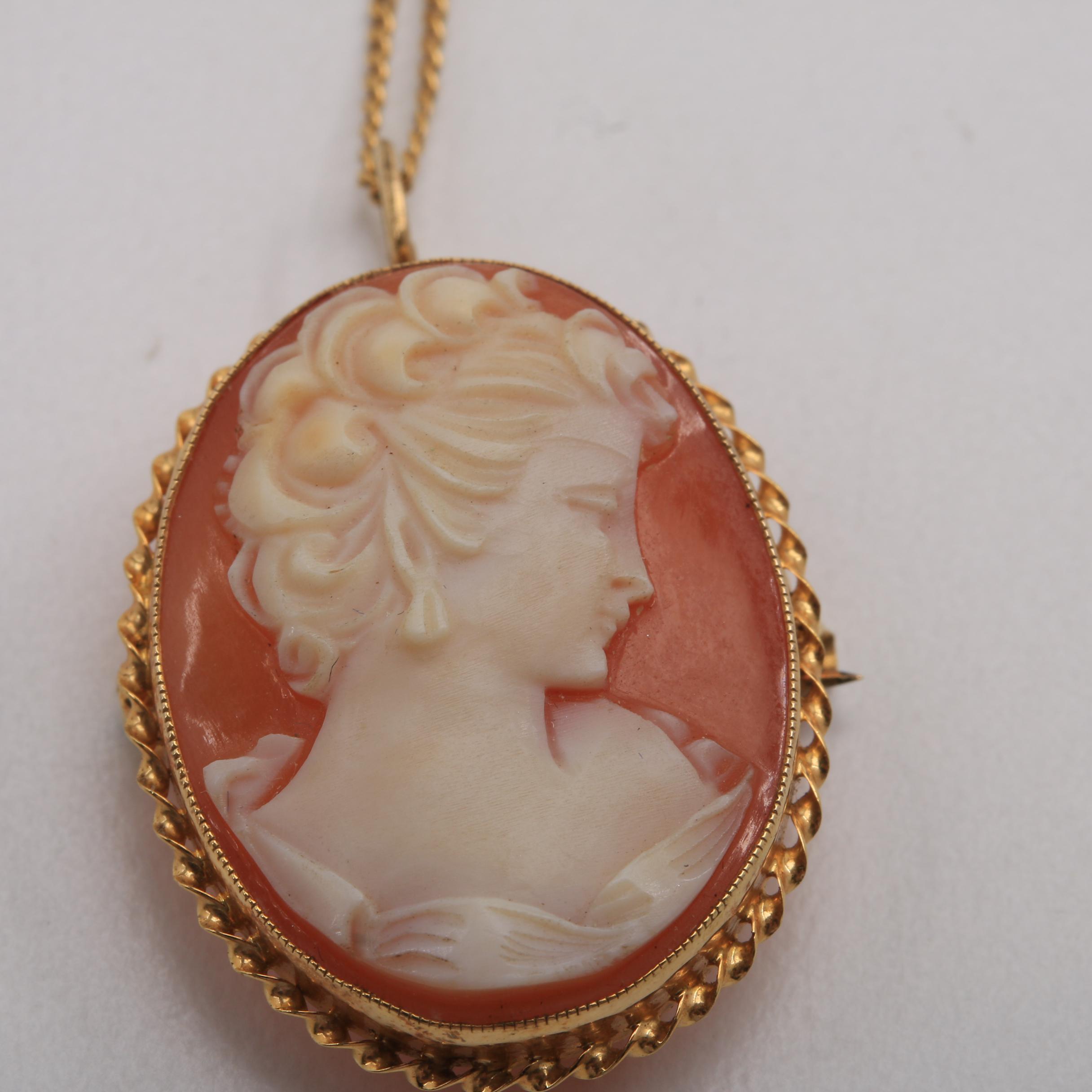 10K Yellow Gold Shell Cameo Pendant Brooch