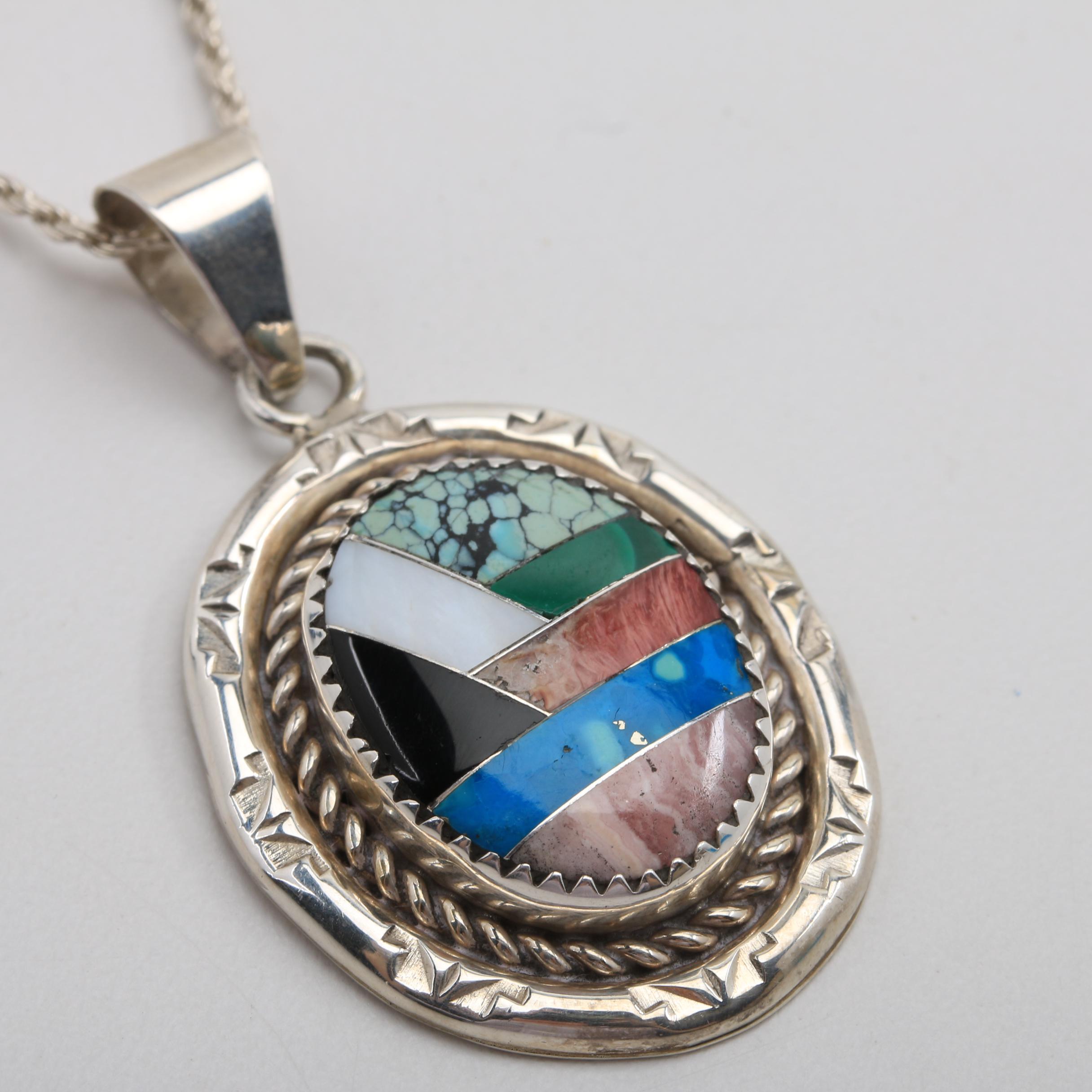 Melvin Thompson Navajo Sterling Silver Oval Pendant Necklace