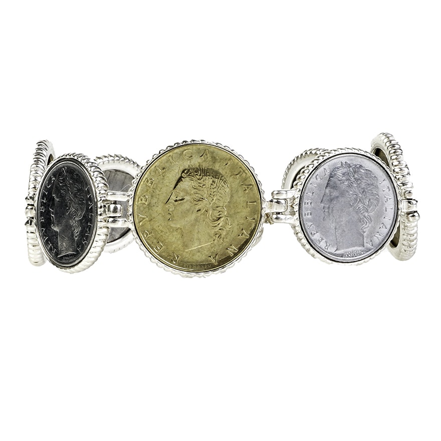 Milor Sterling Silver Italian Lire Coin Bracelet