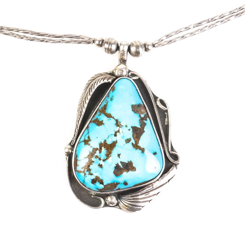 Native American Style Liquid Silver and Turquoise Pendant Necklace