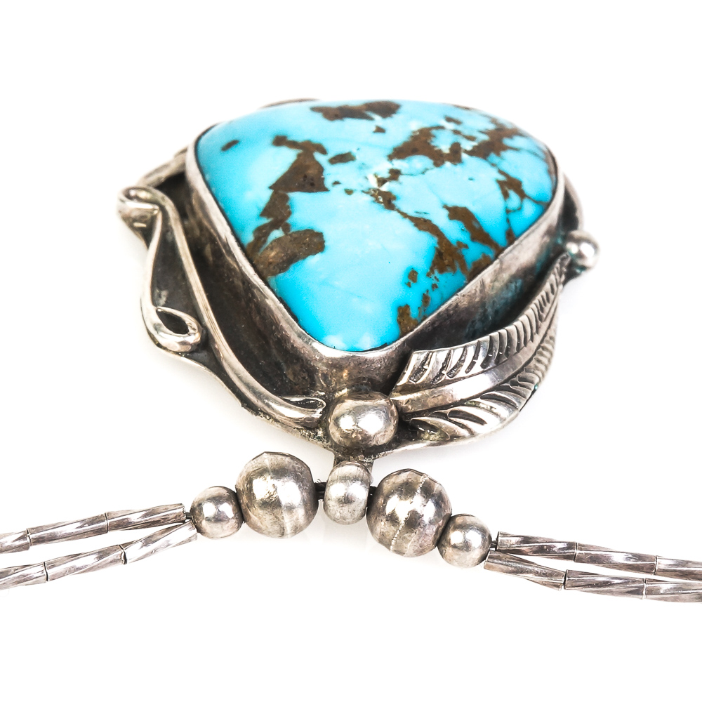 Native American Style Liquid Silver and Turquoise Pendant Necklace
