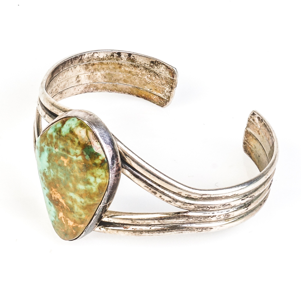 Kathy Yazzie Navajo Sterling Silver and Green Turquoise Split Cuff Bracelet