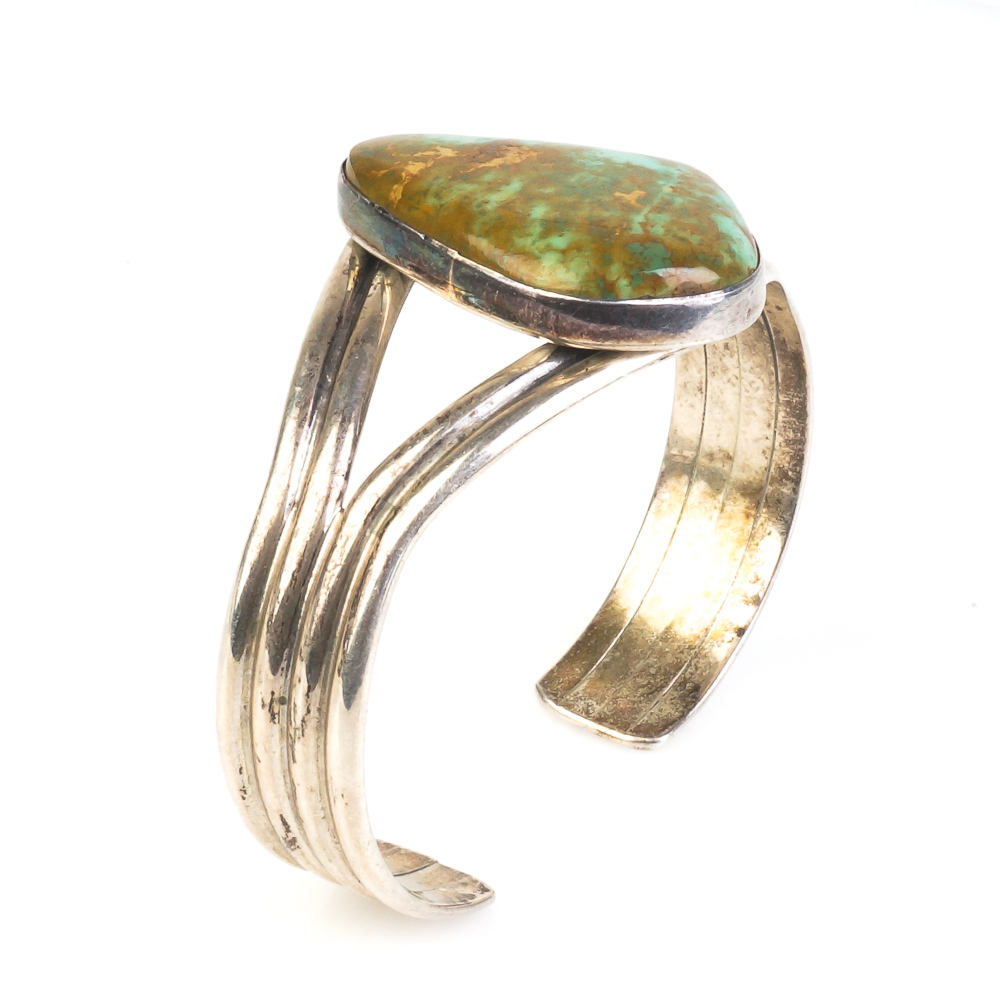 Kathy Yazzie Navajo Sterling Silver and Green Turquoise Split Cuff Bracelet