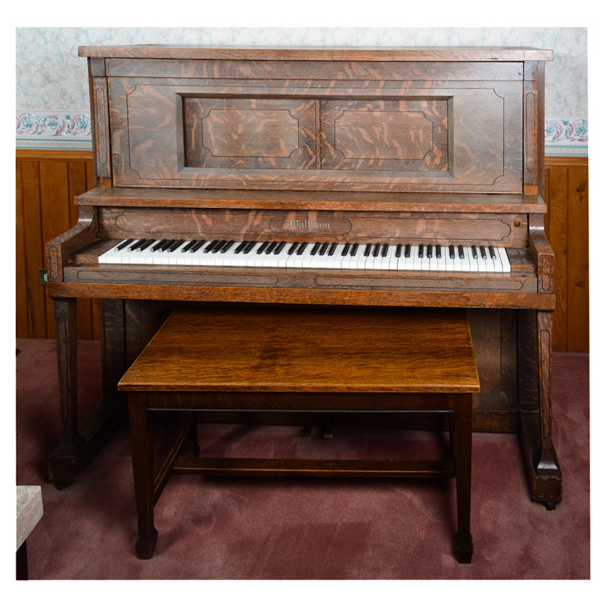 Vintage Waltham Upright Player Piano and Bench