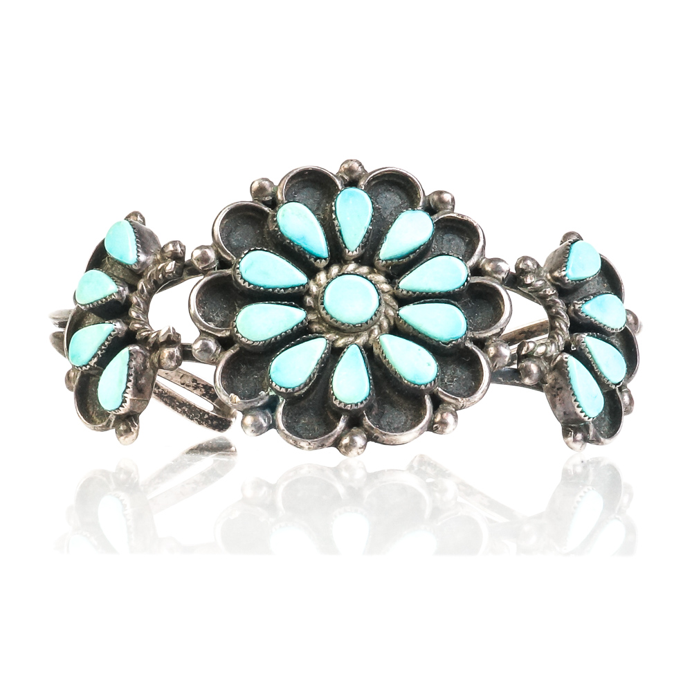 Vintage Native American Style Sterling Silver and Turquoise Cuff Bracelets