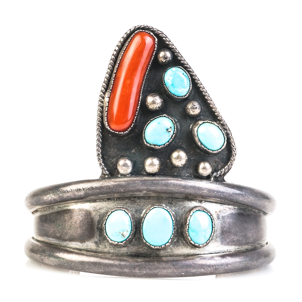 Southwest Inspired Sterling Silver, Coral, and Turquoise Cuff Bracelet