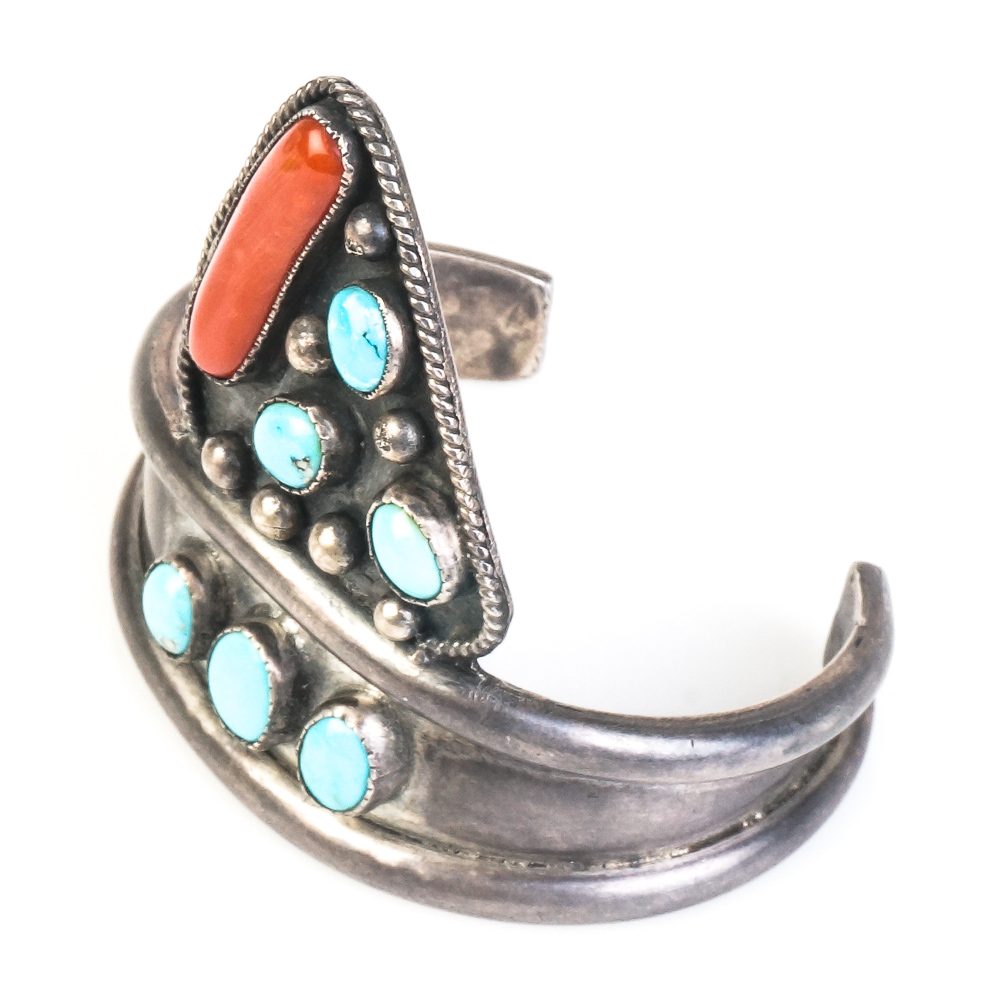 Southwest Inspired Sterling Silver, Coral, and Turquoise Cuff Bracelet