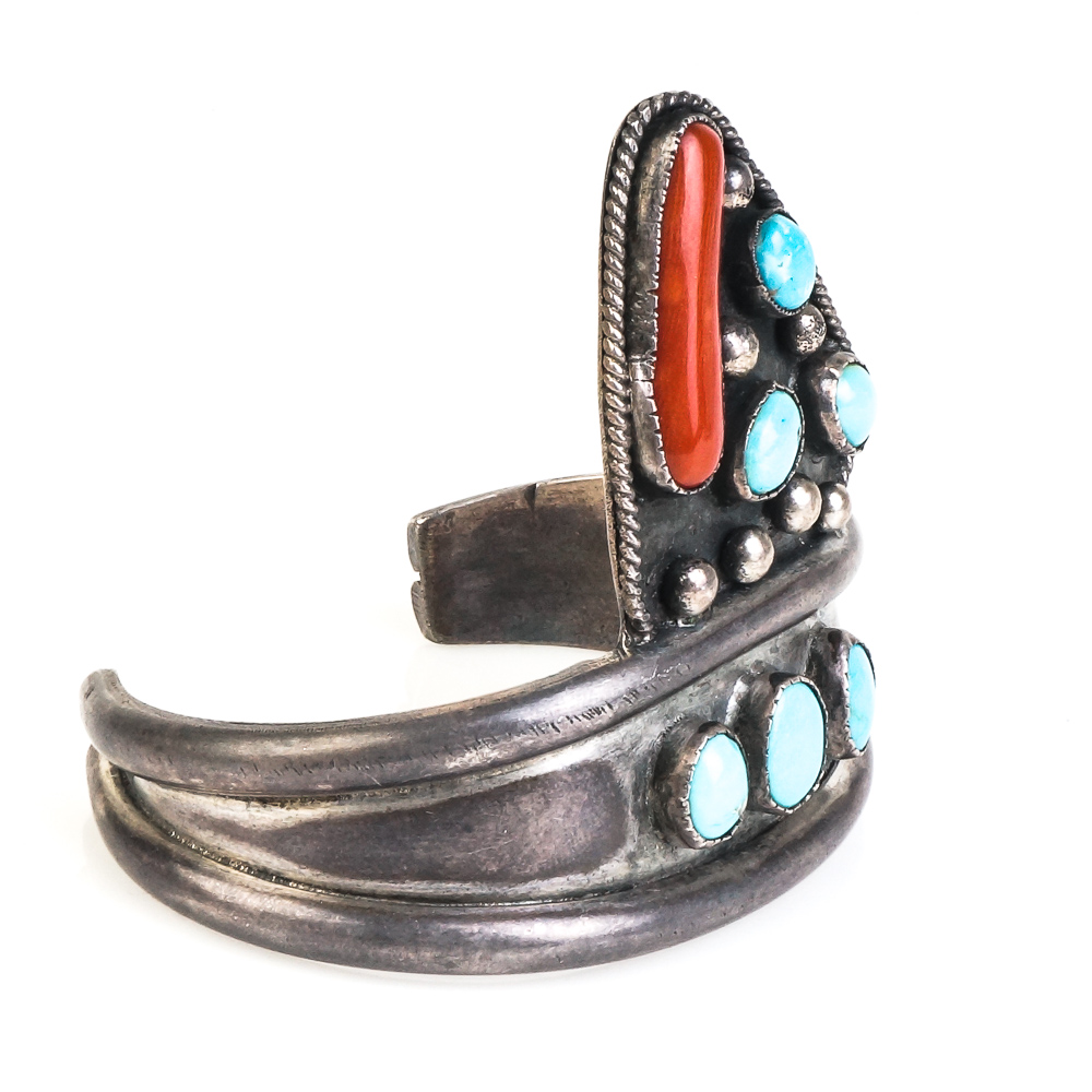Southwest Inspired Sterling Silver, Coral, and Turquoise Cuff Bracelet
