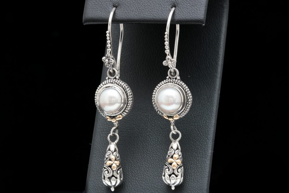 Sterling Silver and 18K Yellow Gold Pearl Dangle Earrings