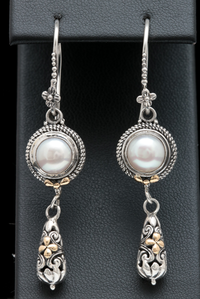 Sterling Silver and 18K Yellow Gold Pearl Dangle Earrings