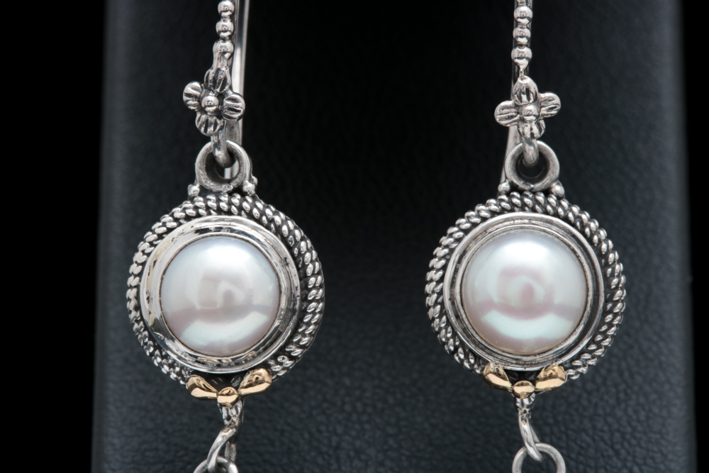 Sterling Silver and 18K Yellow Gold Pearl Dangle Earrings