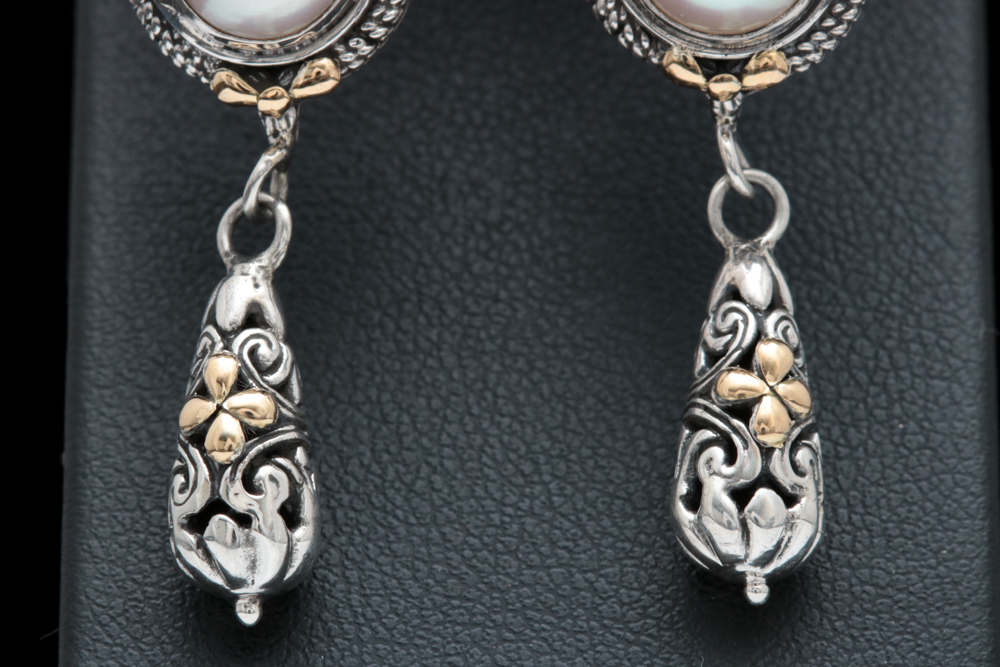 Sterling Silver and 18K Yellow Gold Pearl Dangle Earrings