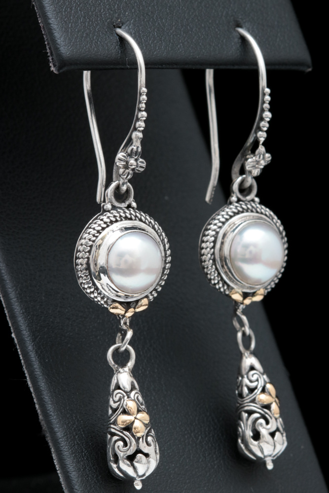 Sterling Silver and 18K Yellow Gold Pearl Dangle Earrings