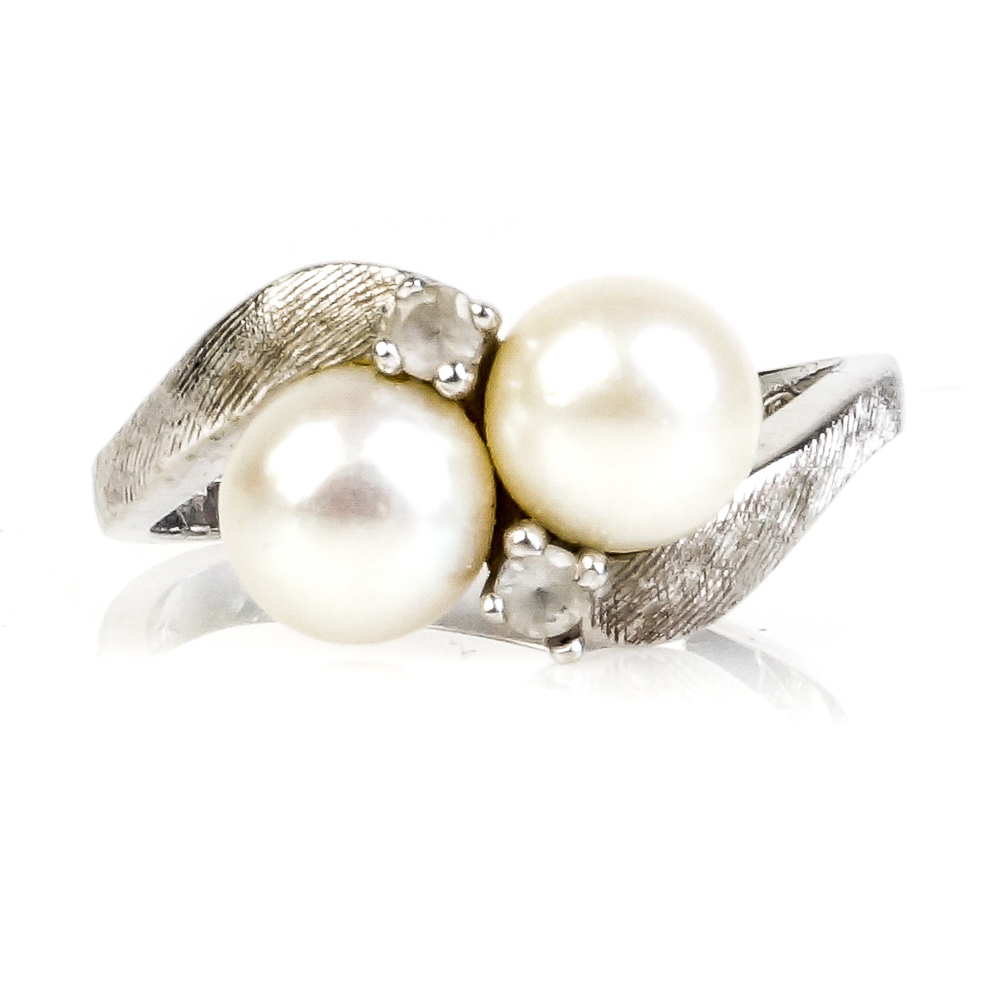 10K White Gold, Twin Faux Pearl, and White Spinel Ring