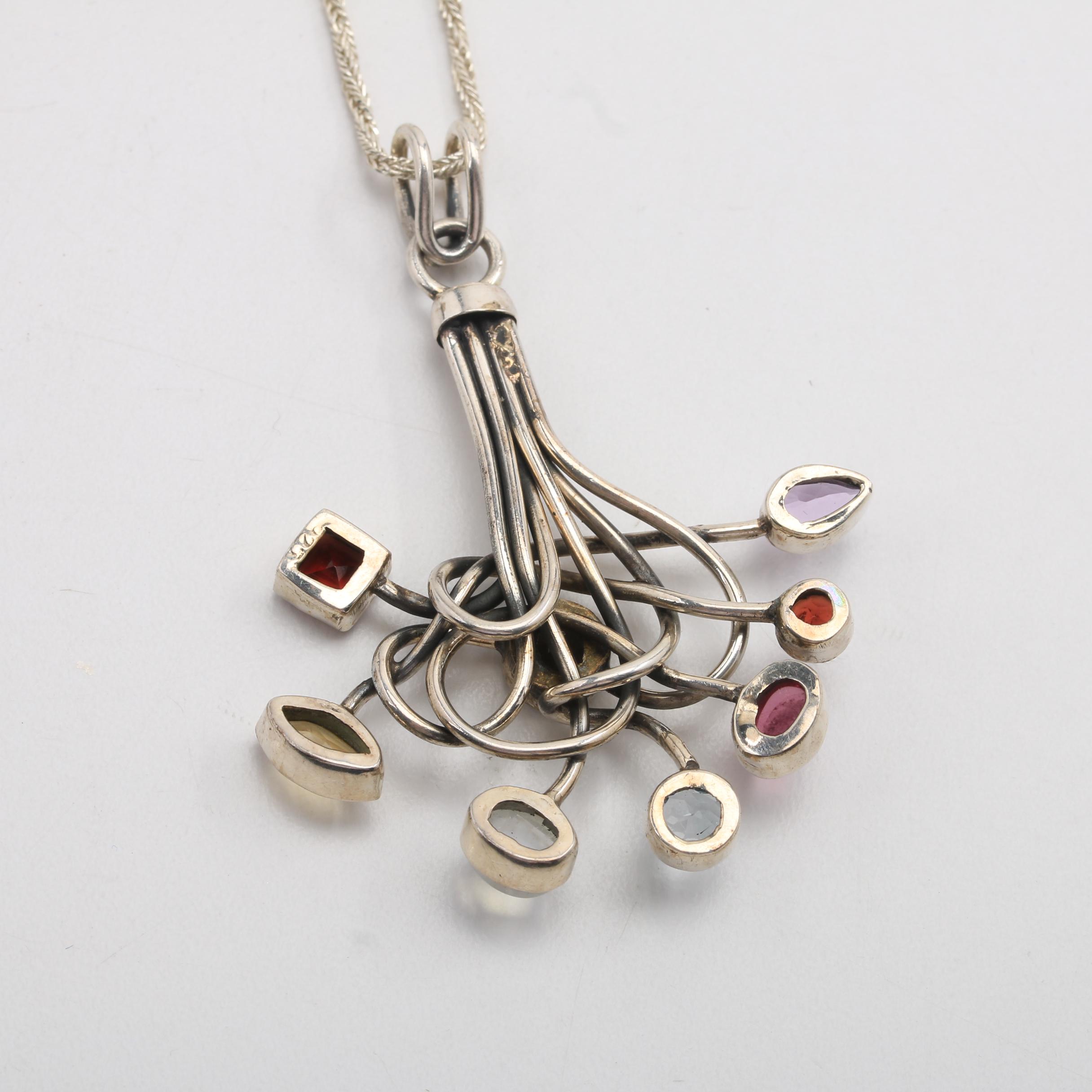 Sterling Multi Color Stone Pendant Chain Necklace