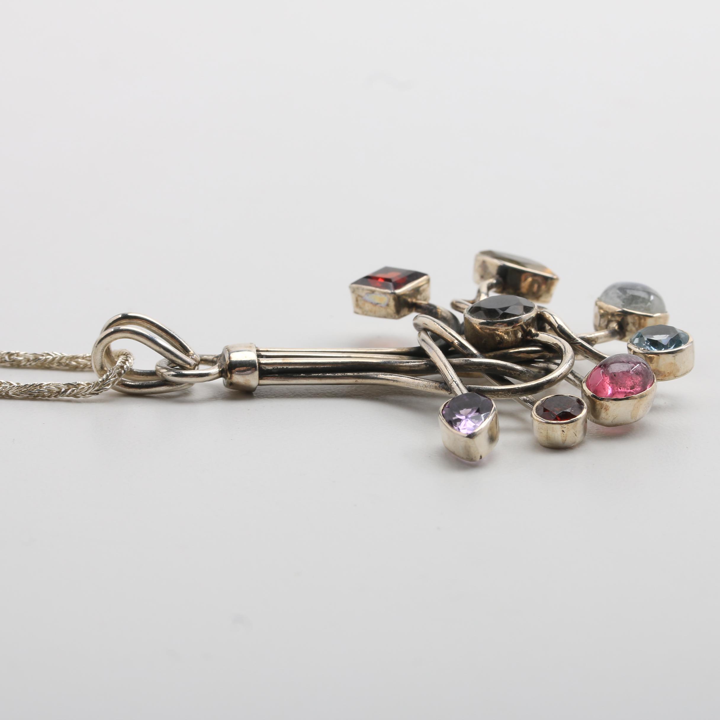 Sterling Multi Color Stone Pendant Chain Necklace