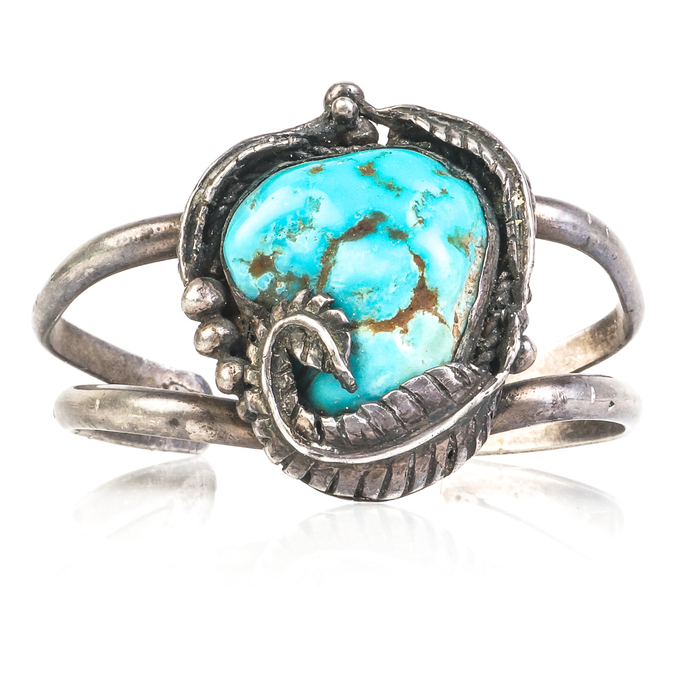 Vintage Native American Style Sterling Silver and Turquoise Split Cuff Bracelet