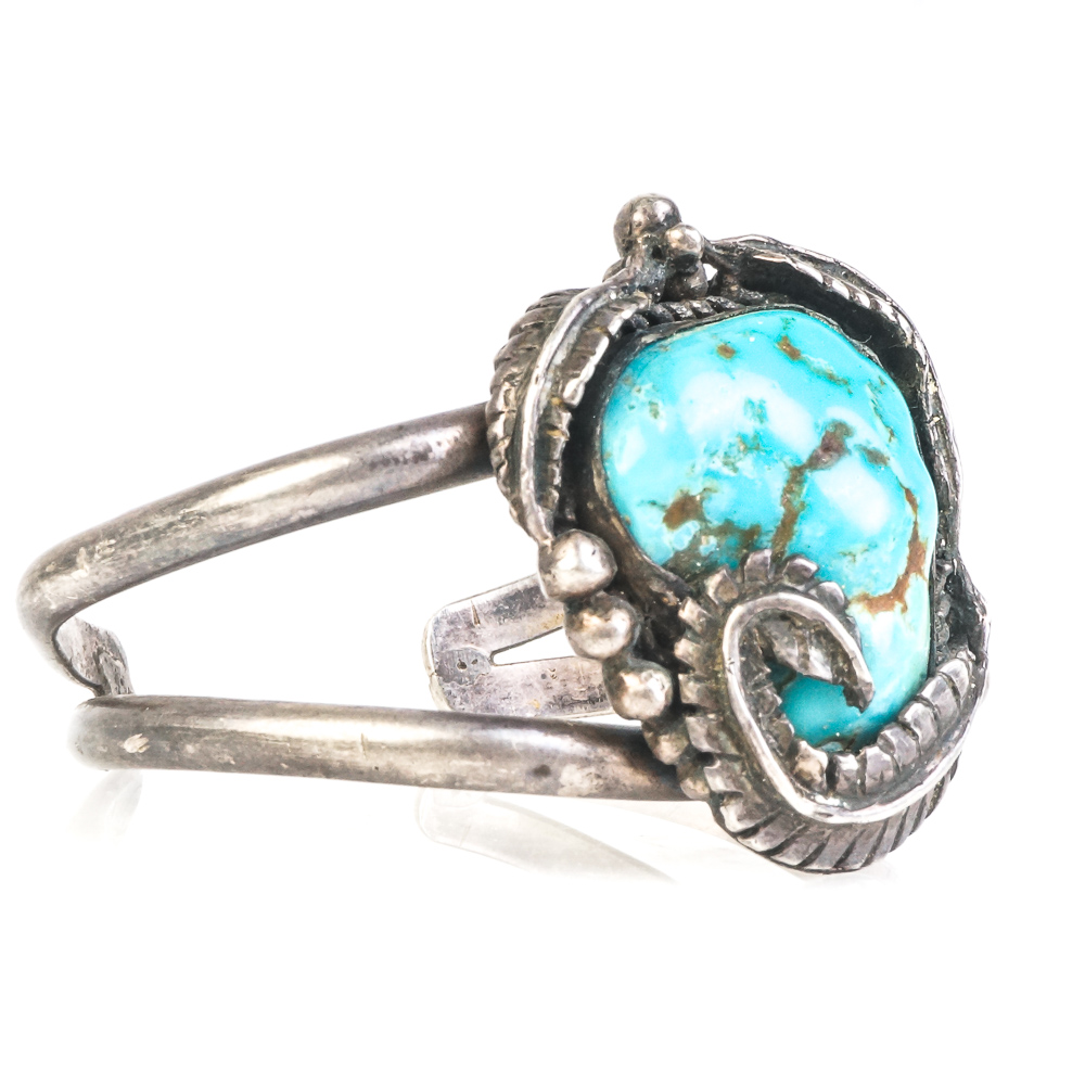 Vintage Native American Style Sterling Silver and Turquoise Split Cuff Bracelet