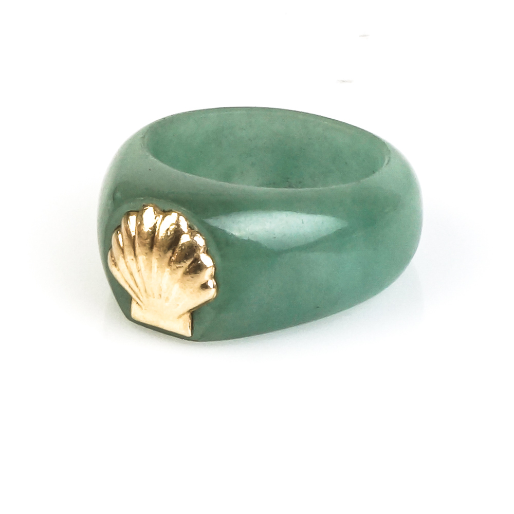 Jadeite Jade Ring with 14K Yellow Gold Clam Shell Embellishment