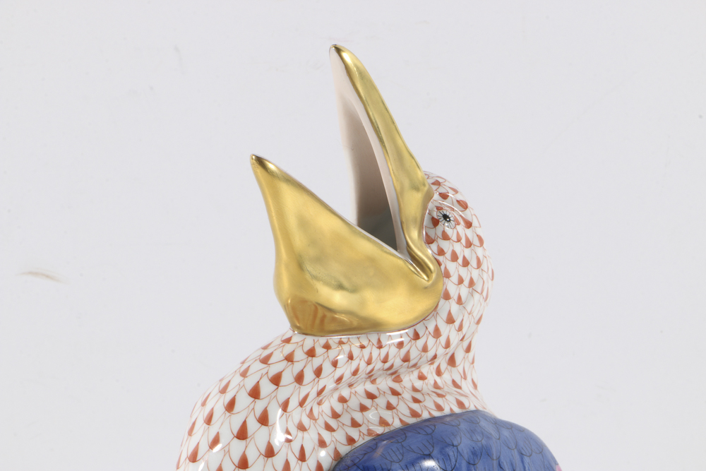 Herend Porcelain Pelican Figurine with Fishnet Rust