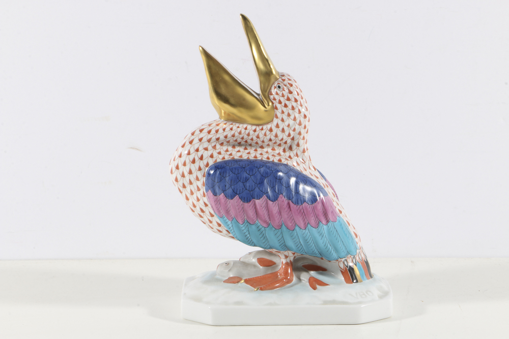 Herend Porcelain Pelican Figurine with Fishnet Rust