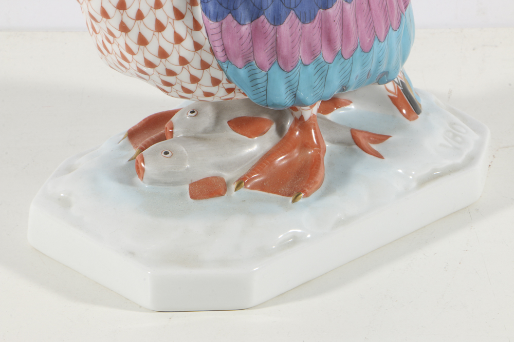 Herend Porcelain Pelican Figurine with Fishnet Rust