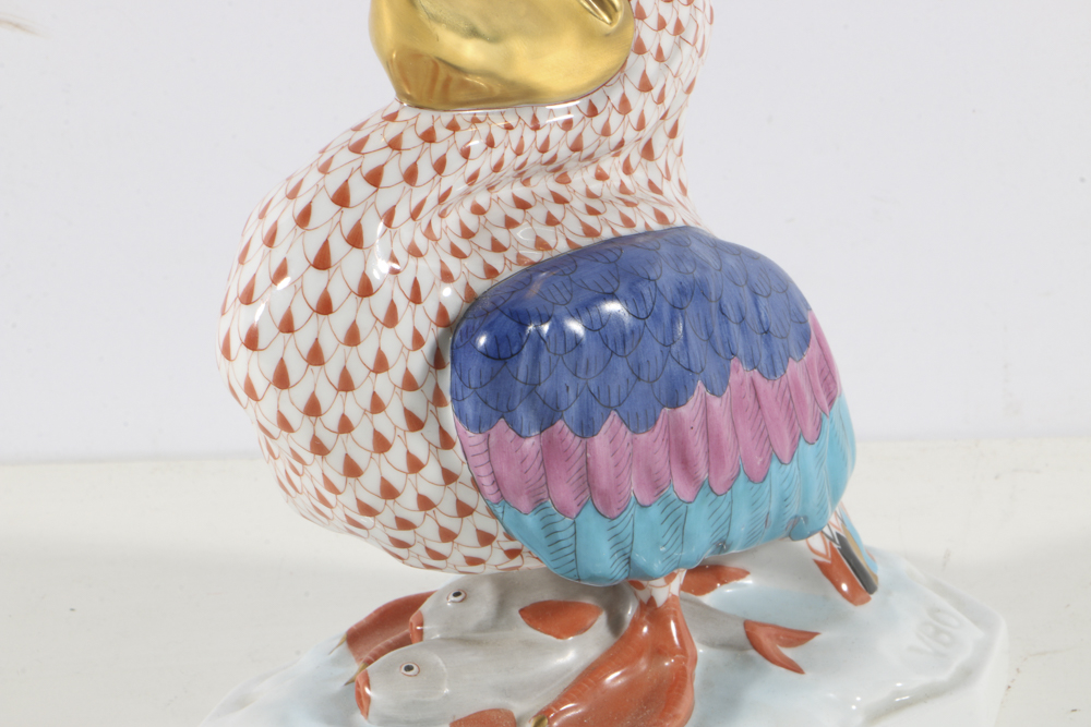 Herend Porcelain Pelican Figurine with Fishnet Rust