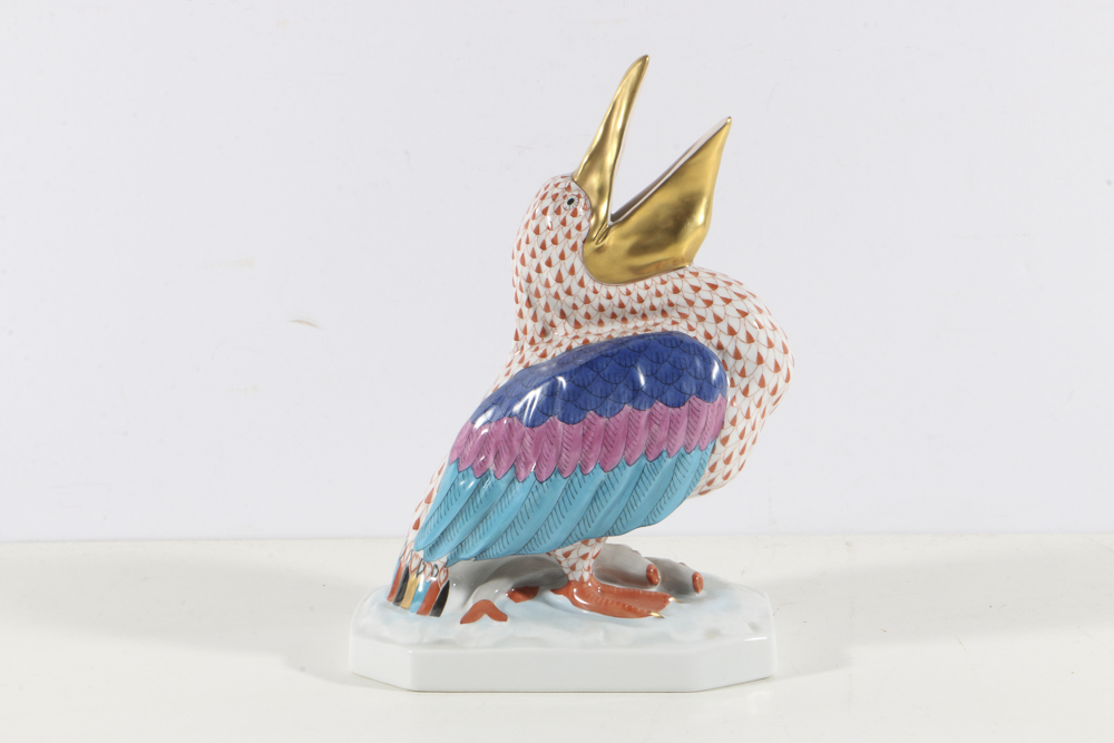 Herend Porcelain Pelican Figurine with Fishnet Rust