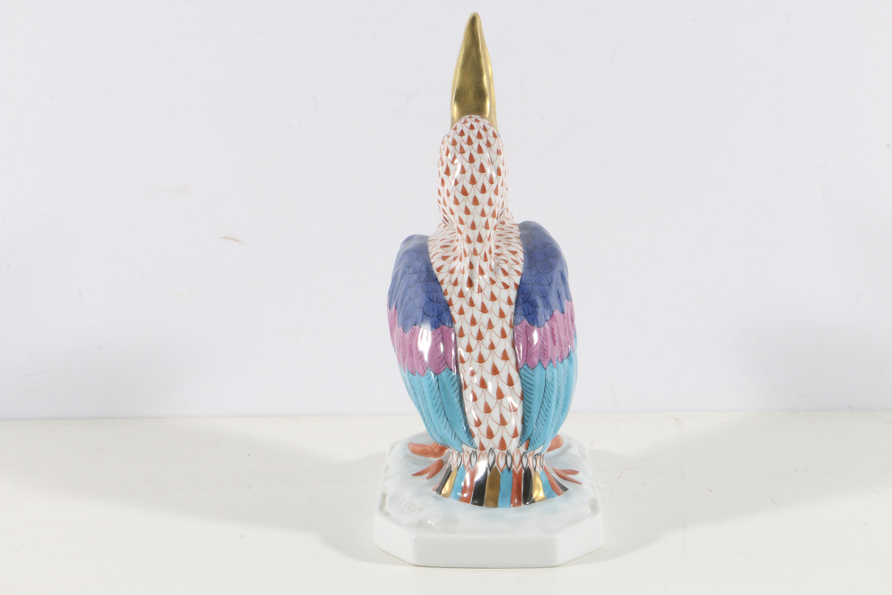 Herend Porcelain Pelican Figurine with Fishnet Rust