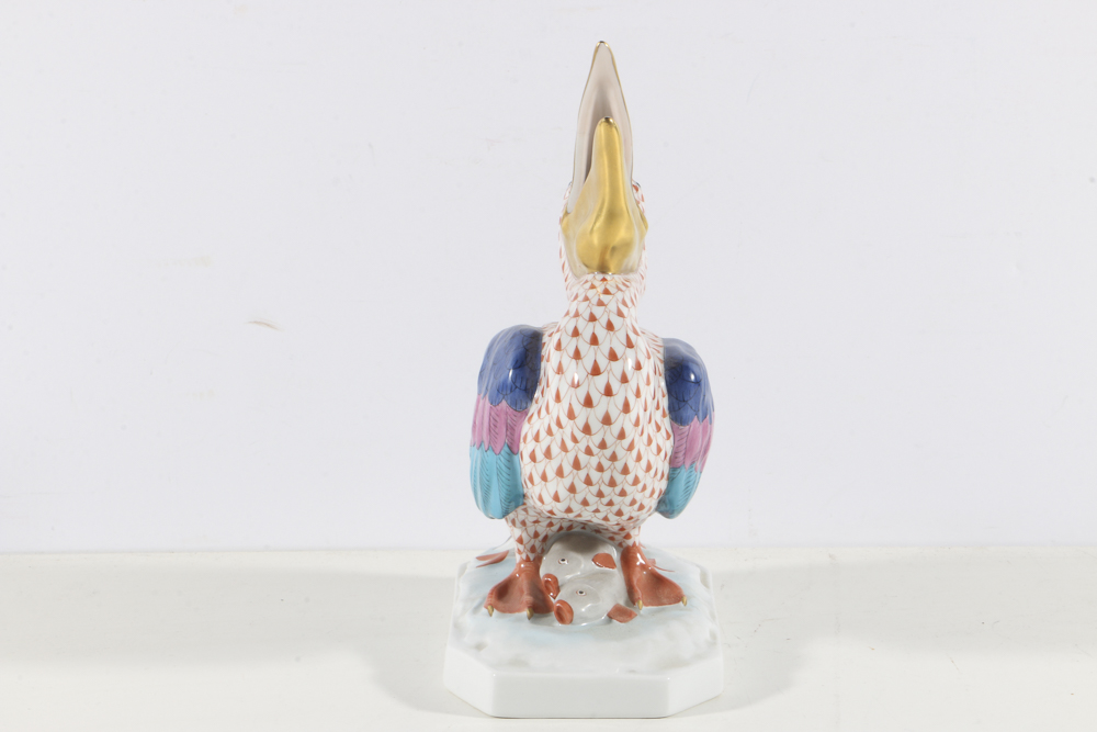 Herend Porcelain Pelican Figurine with Fishnet Rust
