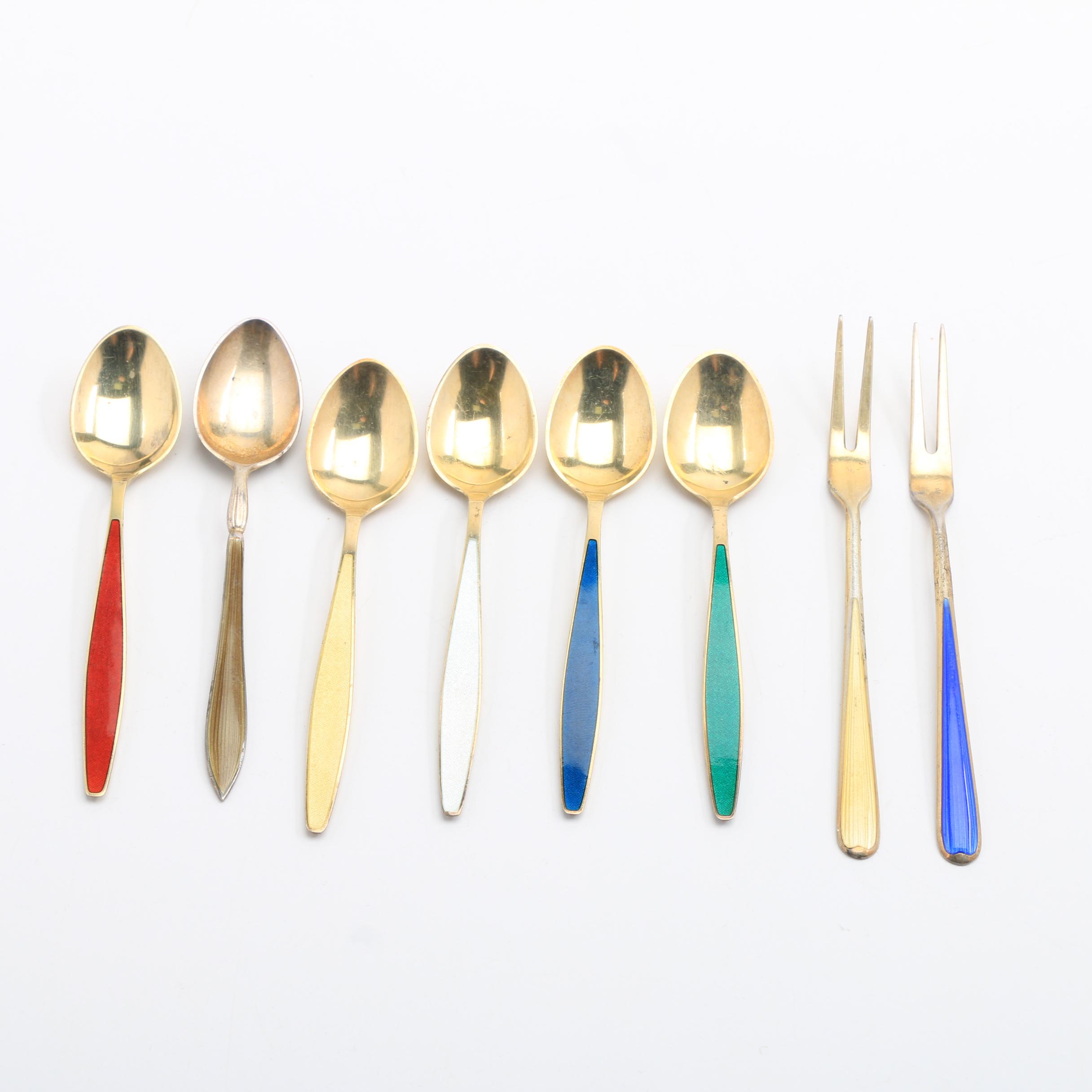 Sterling Silver Enameled Flatware Featuring Georg Jensen