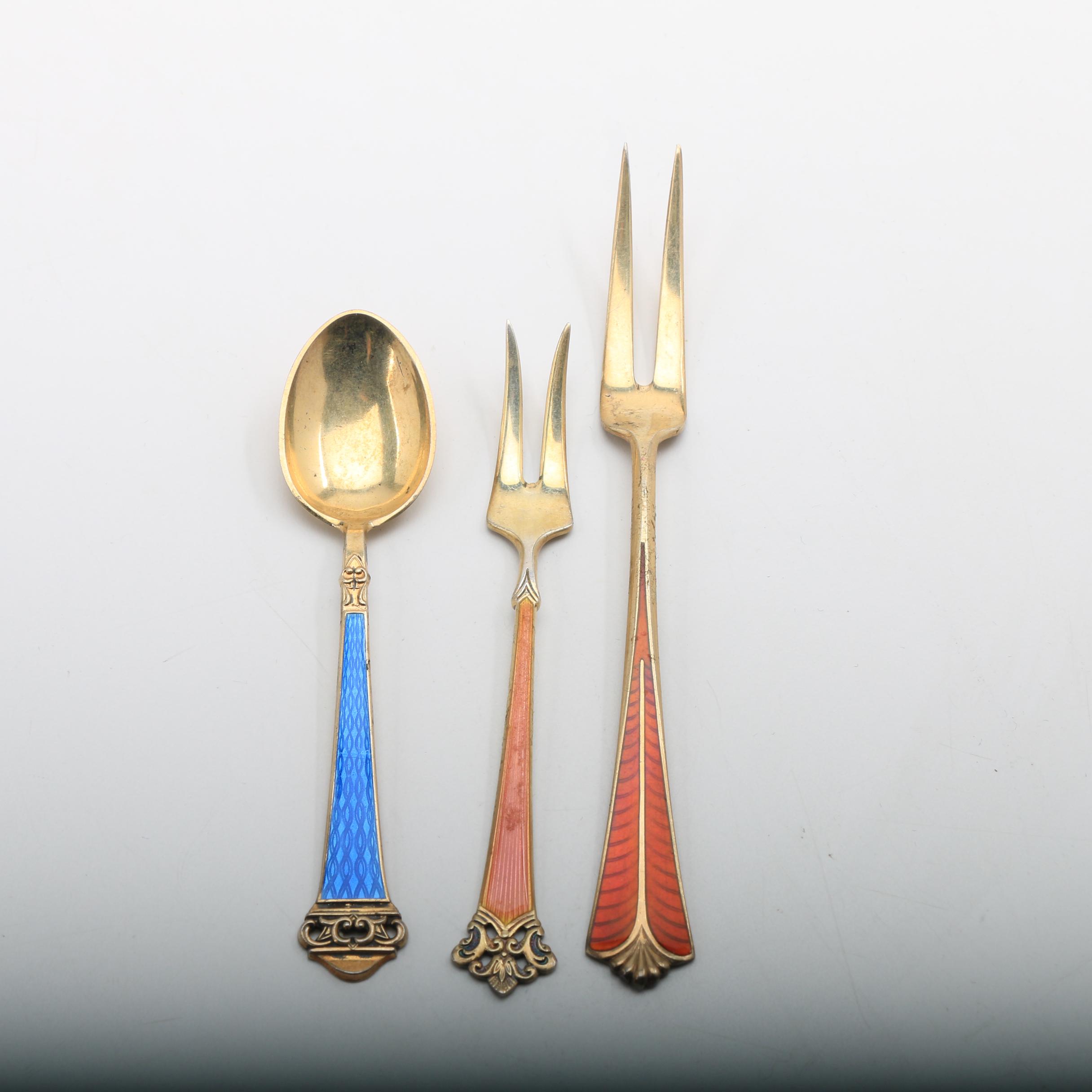 Sterling Silver Enameled Flatware Featuring Georg Jensen