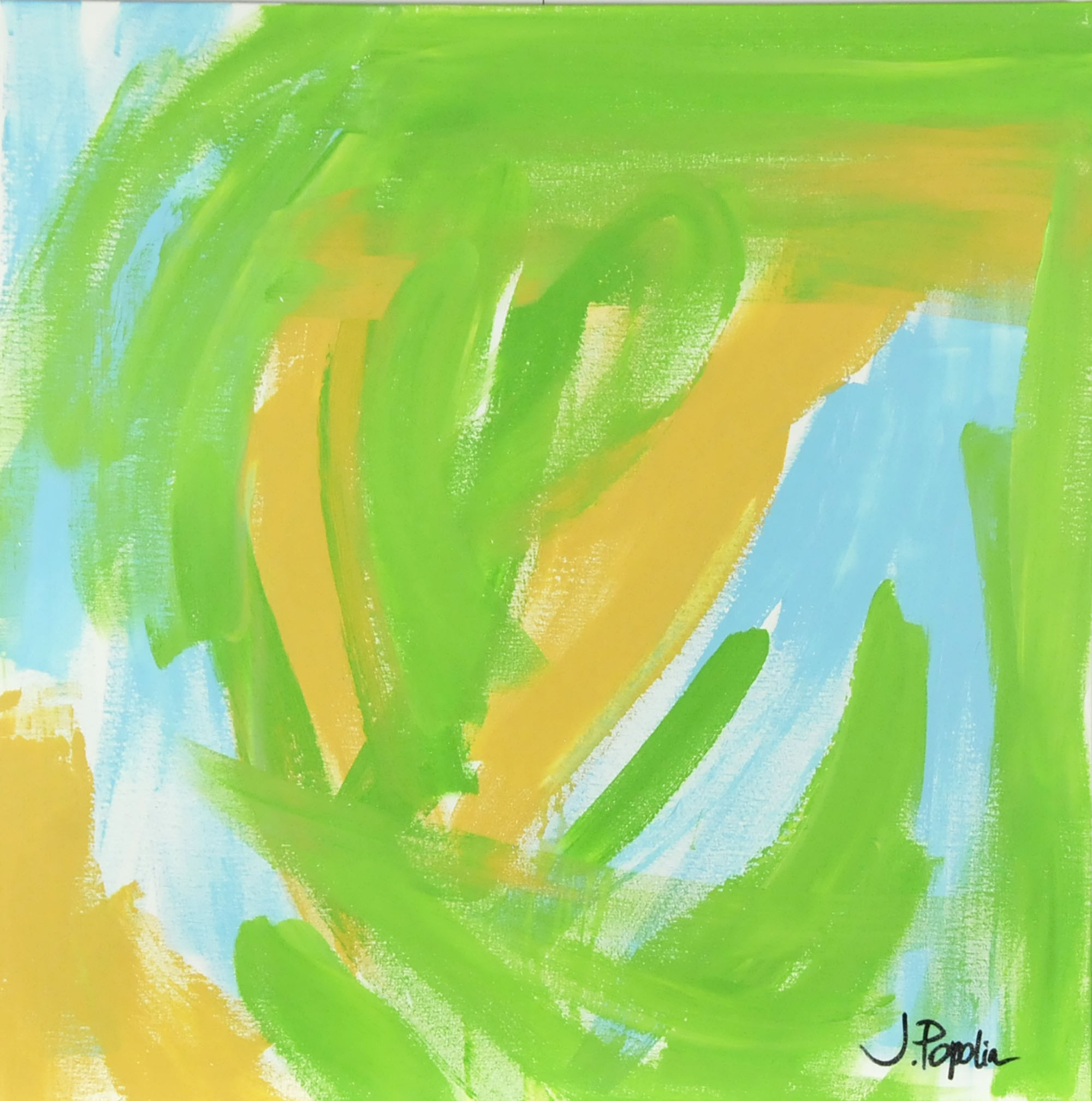 J. Popolin Original Acrylic on Canvas "Green Light Blue Ochre Fields"